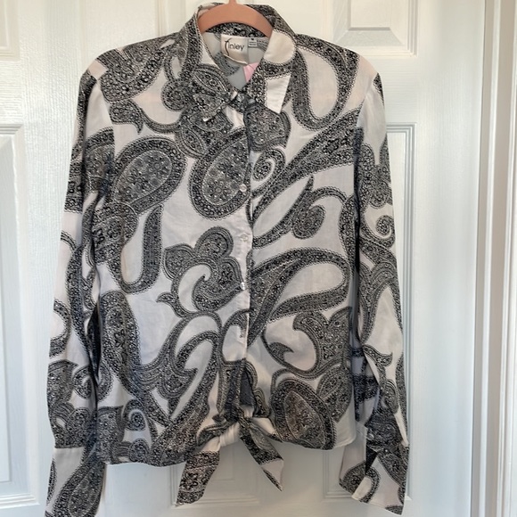 FINLEY BLACK AND WHITE PAISLEY TIE FRONT BUTTON DOWN LONG SLEEVE TOP BLOUSE SZ M - Picture 3 of 13